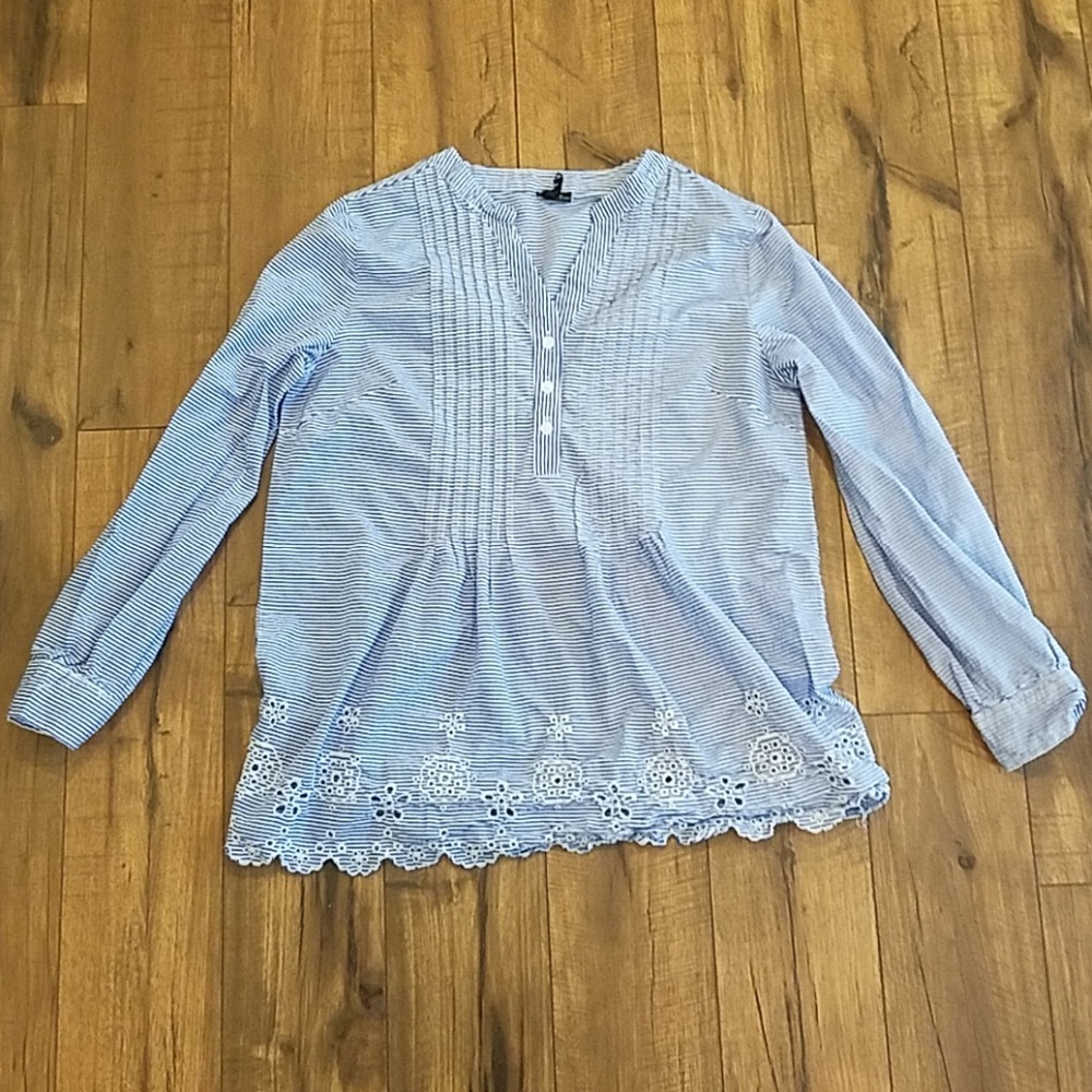 Blue/White Stiped Top w/ Floral Detail